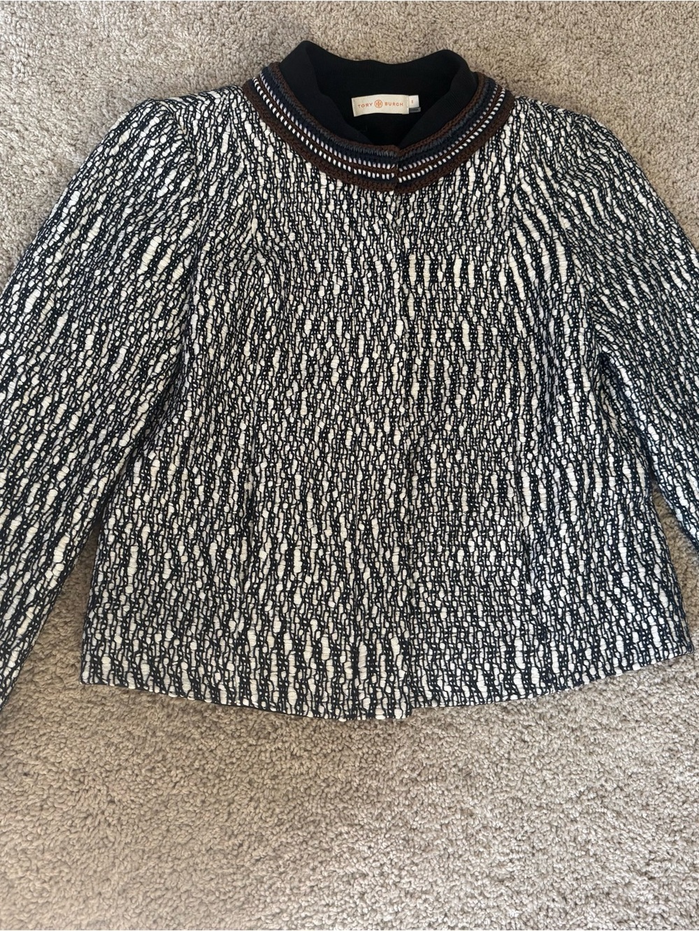 Tory Burch Black & White Textured Knit Sweater Jacket